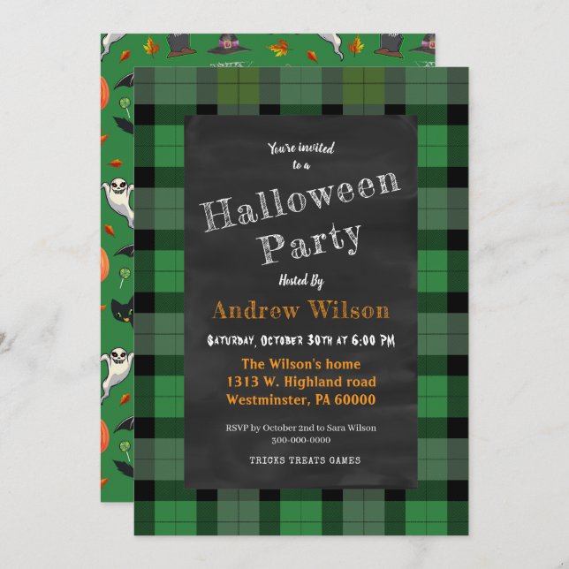 Cute And Spooky Halloween Chalkboard  Invitation (Front/Back)