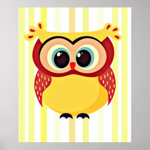 Cute and unique cartoon owl on stripes background poster
