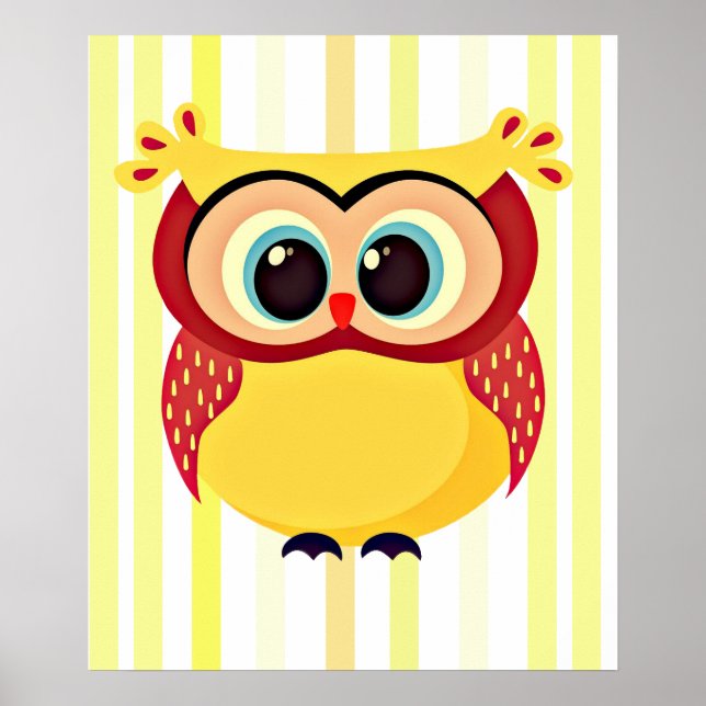 Cute and unique cartoon owl on stripes background poster (Front)