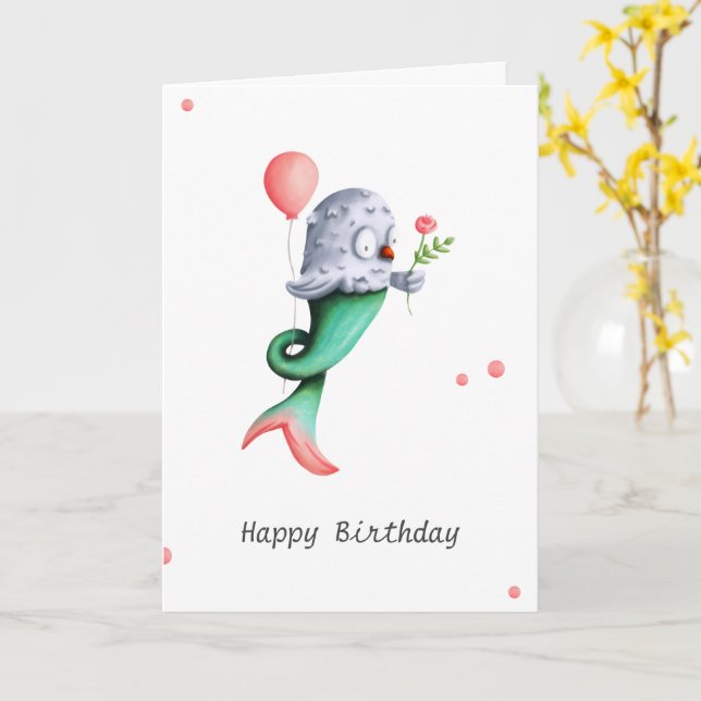 Cute and Unique Owl Mermaid Personalised Birthday Card (Yellow Flower)