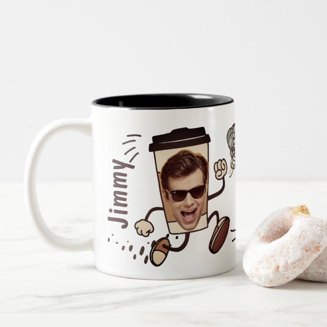 Cute and Whimsical Face Photo Coffee Time  Two-Tone Coffee Mug (With Donut)