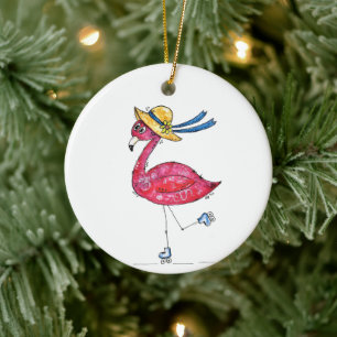 Cute and Whimsical Pink Flamingo on Skates Ceramic Tree Decoration