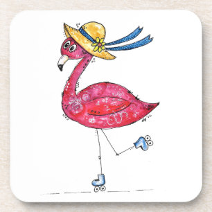 Cute and Whimsical Pink Flamingo on Skates Coaster