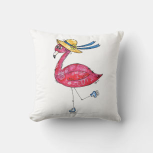 Cute and Whimsical Pink Flamingo on Skates Cushion