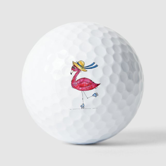 Cute and Whimsical Pink Flamingo on Skates Golf Balls (Front)
