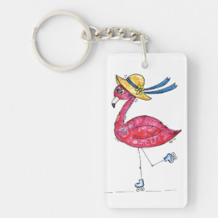 Cute and Whimsical Pink Flamingo on Skates Key Ring