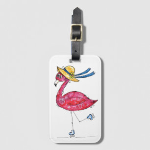 Cute and Whimsical Pink Flamingo on Skates Luggage Tag