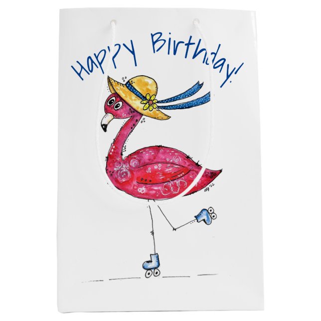 Cute and Whimsical Pink Flamingo on Skates Medium Gift Bag (Front)