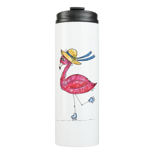 Cute and Whimsical Pink Flamingo on Skates Thermal Tumbler (Front)