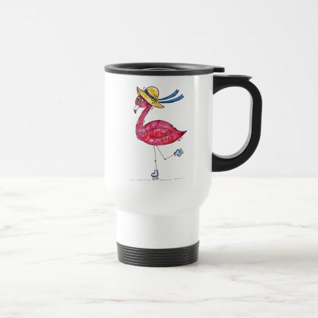 Cute and Whimsical Pink Flamingo on Skates Travel Mug (Right)