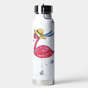 Cute and Whimsical Pink Flamingo on Skates Water Bottle