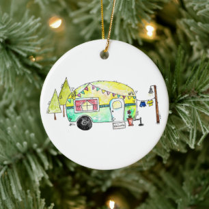 Cute and Whimsical Retro Happy Camper Ceramic Tree Decoration