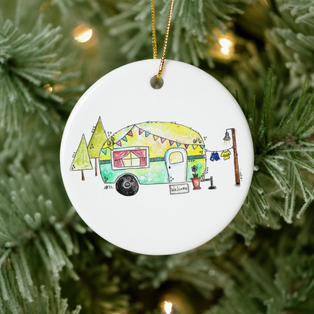 Cute and Whimsical Retro Happy Camper Ceramic Tree Decoration (Tree)