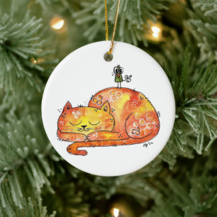 Cute and Whimsical Sleeping Cat Ceramic Tree Decoration