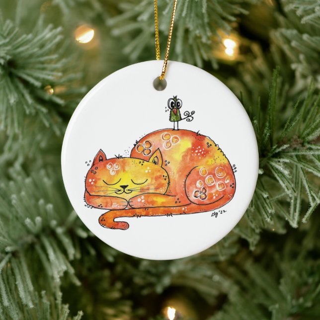 Cute and Whimsical Sleeping Cat Ceramic Tree Decoration (Tree)