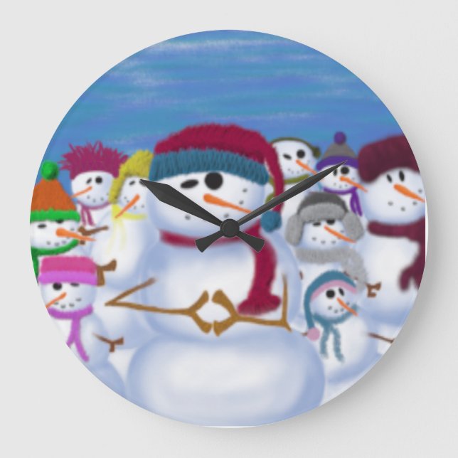 Cute and Whimsical Snowmen Large Clock (Front)
