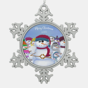Cute and Whimsical Snowmen Snowflake Pewter Christmas Ornament