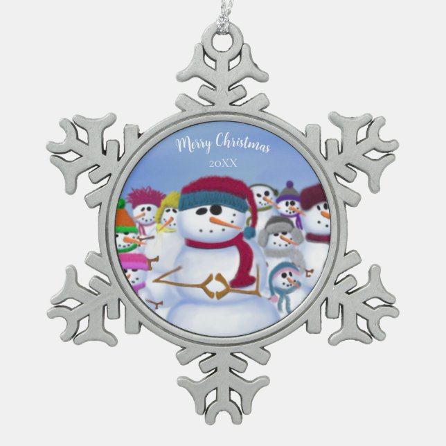 Cute and Whimsical Snowmen Snowflake Pewter Christmas Ornament (Front)
