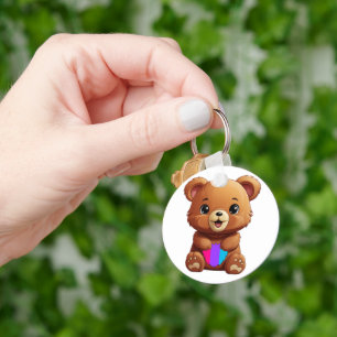Cute Androgynous Pride Flag Bear Holding Heart Key Ring