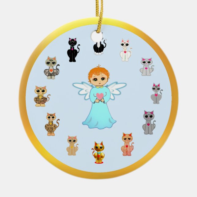 Cute Angel and Cat Cartoons Ceramic Tree Decoration (Front)