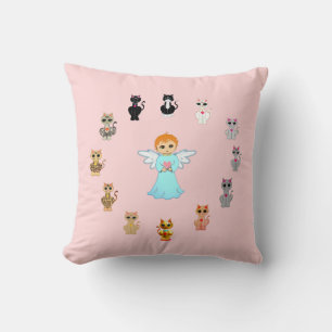 Cute angel and cat cartoons on pink cushion