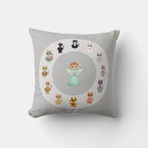 Cute angel and cat cartoons on silver grey cushion