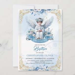 Cute angel blue flowers gold frame boy Baptism Invitation