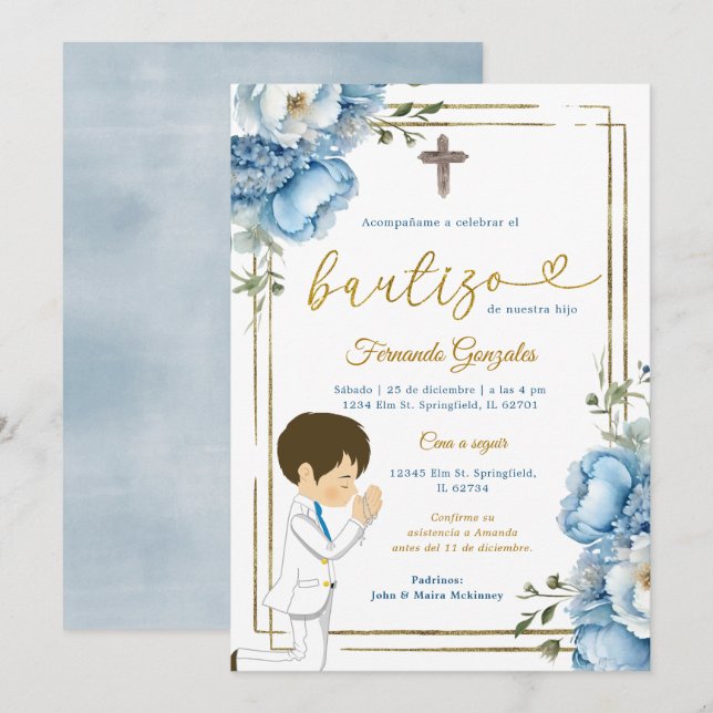 Cute Angel Boy Spanish Bautizo Dusty Blue Gold Invitation (Front/Back)