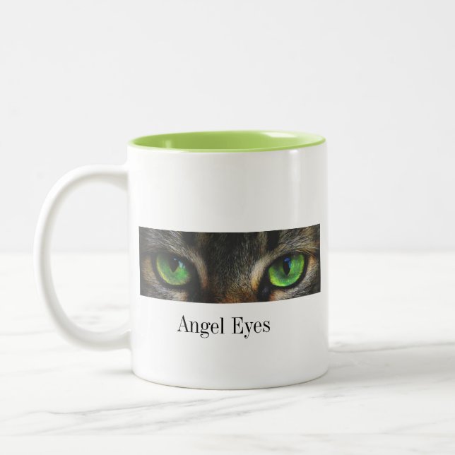Cute angel cat eyes & calligraphy Two-Tone coffee mug (Left)