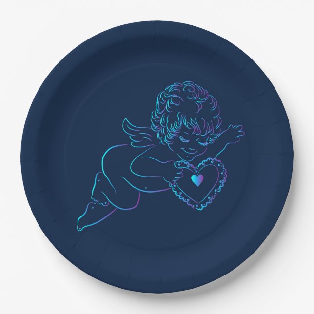 Cute Angel Cherub Holding a Lace Valentine Heart Paper Plate (Front)