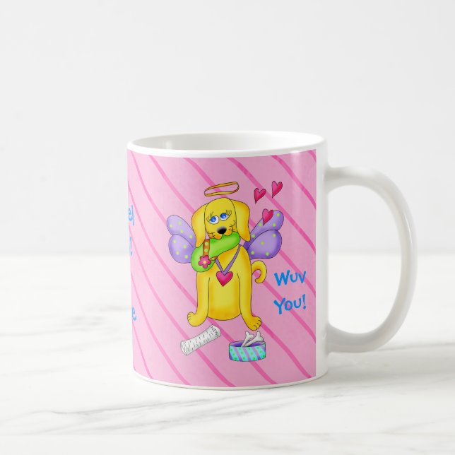 Cute Angel Dog Personalised Name Pink Coffee Mug (Right)