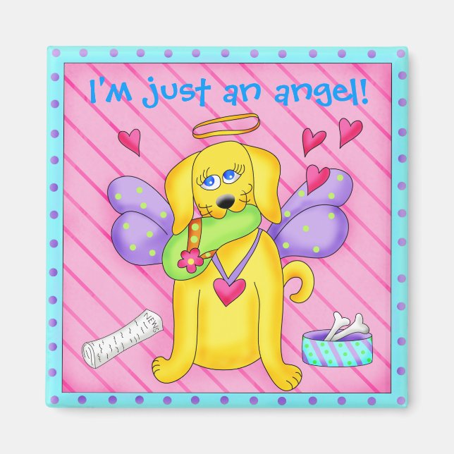 Cute Angel Dog with Wings on Pink Magnet (Front)