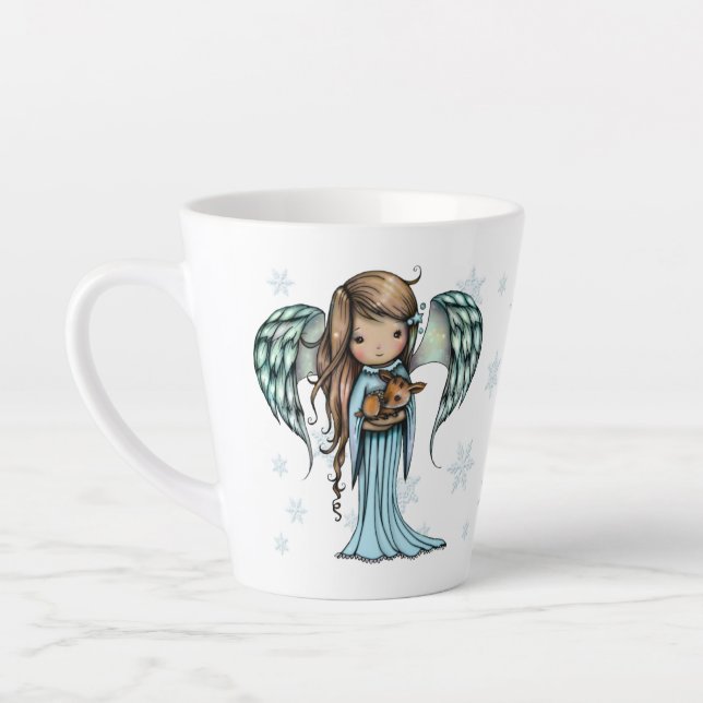 Cute Angel holding Fawn in Snowflakes Christmas Latte Mug (Left)