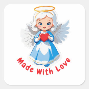 😇 Cute Angel Holding Red Heart With White Wings ❤ Square Sticker