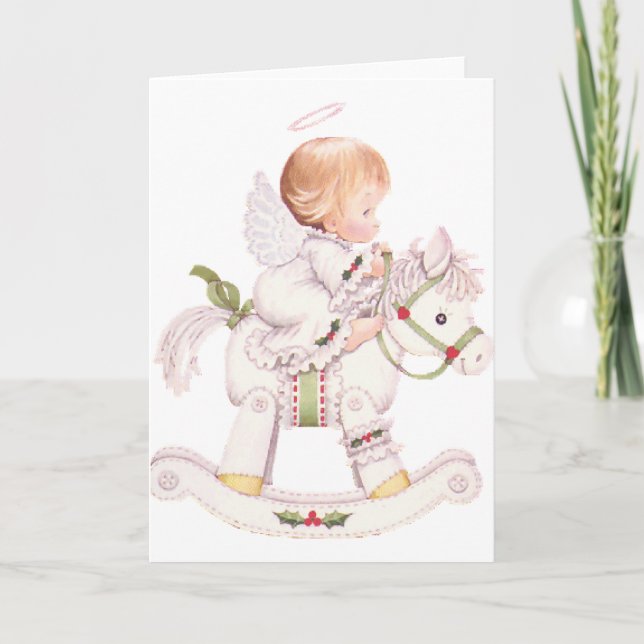 Cute Angel on a White Christmas Rocking Horse Holiday Card (Front)