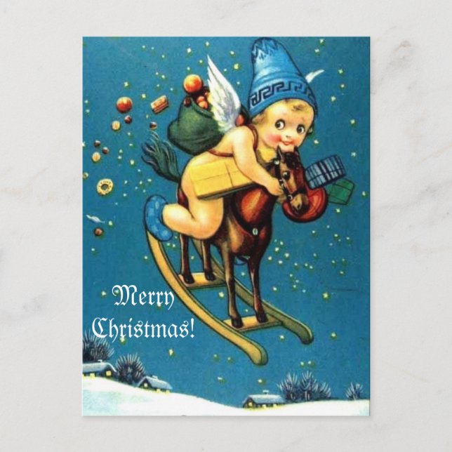 Cute Angel on Flying Rocking Horse Merry Christmas Holiday Postcard (Front)