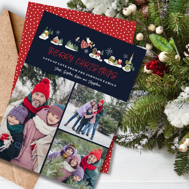 Cute Angel Peace on Earth Photo Christmas 3 Photos Holiday Card (christmas holiday 3 photos card,santa and his reindeers,cute kids children,nordic village landscape )