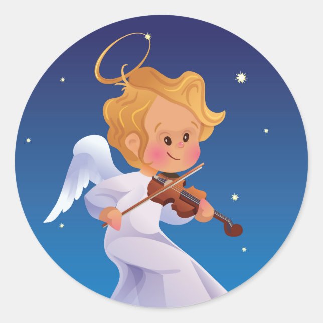 Cute angel playing violin classic round sticker (Front)