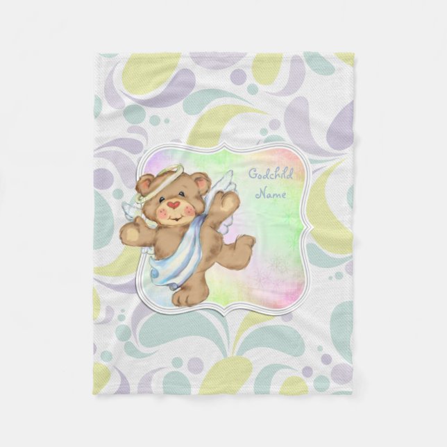 Cute Angel Teddybear Godchild Gifts Personalised Fleece Blanket (Front)