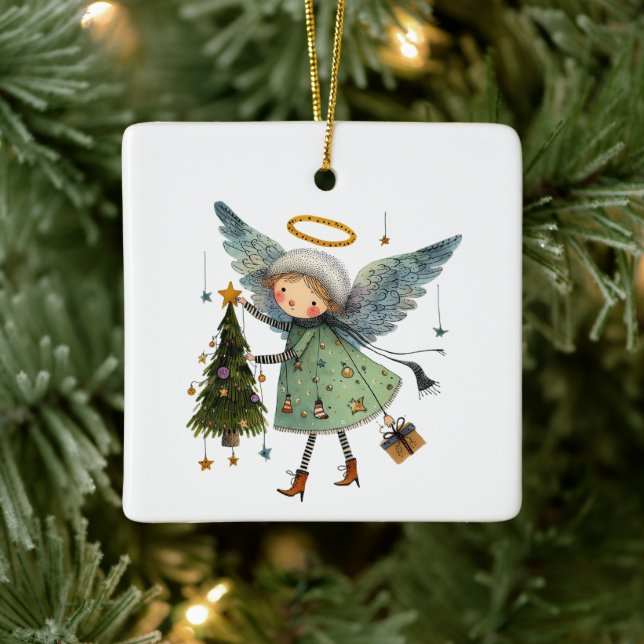 Cute Angel with a Christmas Tree Ceramic Ornament (Tree)