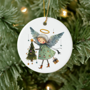 Cute Angel with a Christmas Tree Ceramic Tree Decoration