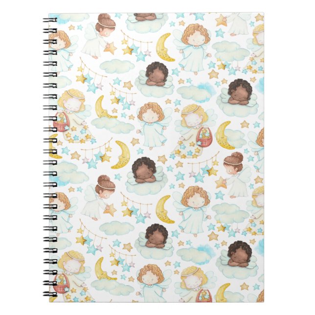 Cute Angels and Stars Watercolor Pattern Tote Bag Notebook (Front)