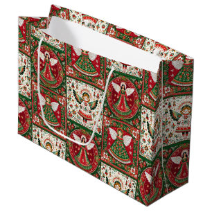 Cute Angels in Christmas Red & Green  Large Gift Bag