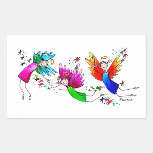 Cute Angels Red Green and Blue Happy Watercolor Rectangular Sticker
