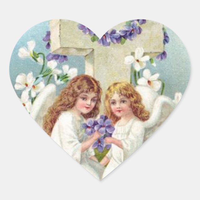 Cute Angels With Cross And Flowers. Heart Sticker (Front)