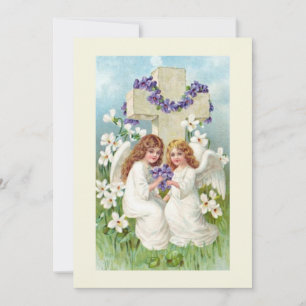 Cute Angels With Cross And Flowers  Invitation