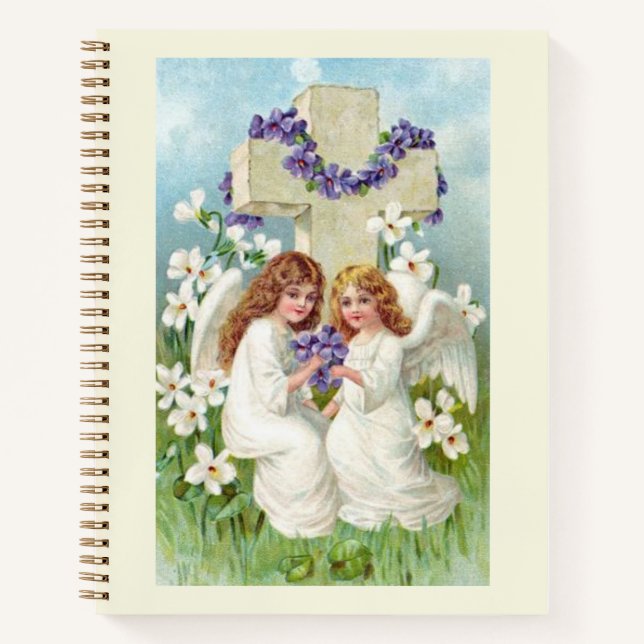 Cute Angels With Cross And Flowers  Notebook (Front)
