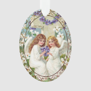 Cute Angels With Cross And Flowers Ornament