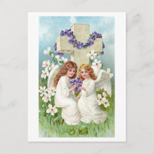 Cute Angels With Cross And Flowers. Postcard
