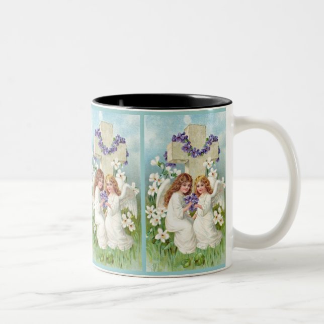 Cute Angels With Cross And Flowers. Two-Tone Coffee Mug (Right)
